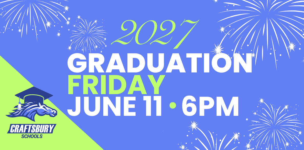 Craftsbury logo with graduation cap, fireworks in background
